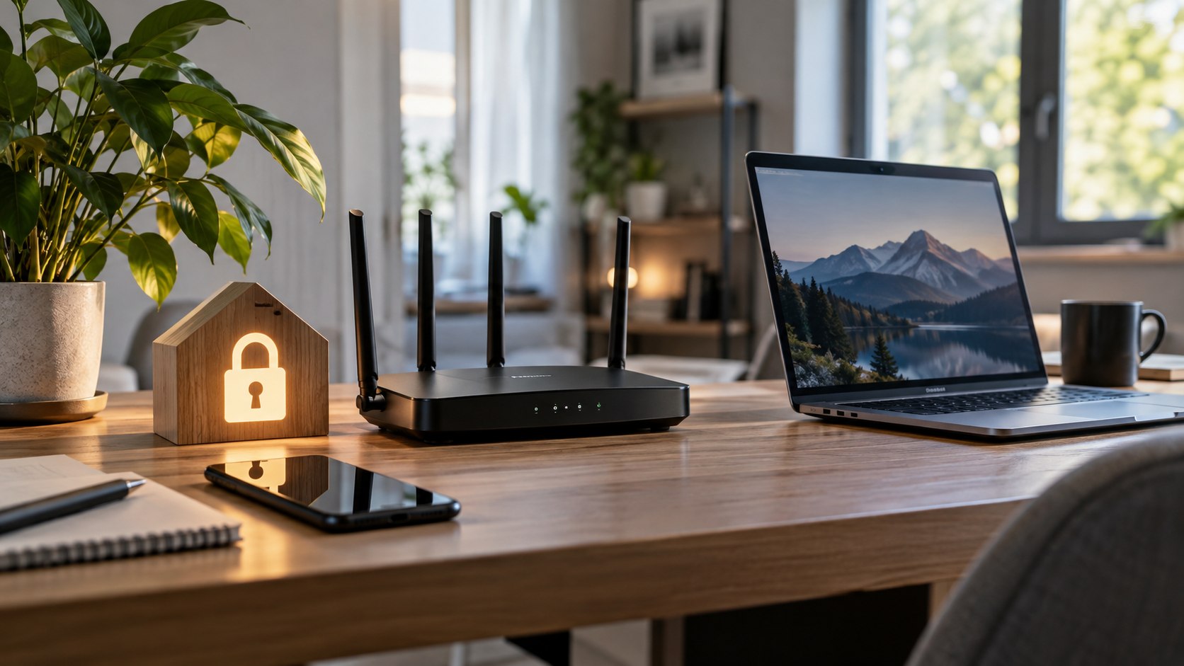Домашний роутер, ноутбук и смартфон на рабочем столе как символ защиты Wi Fi